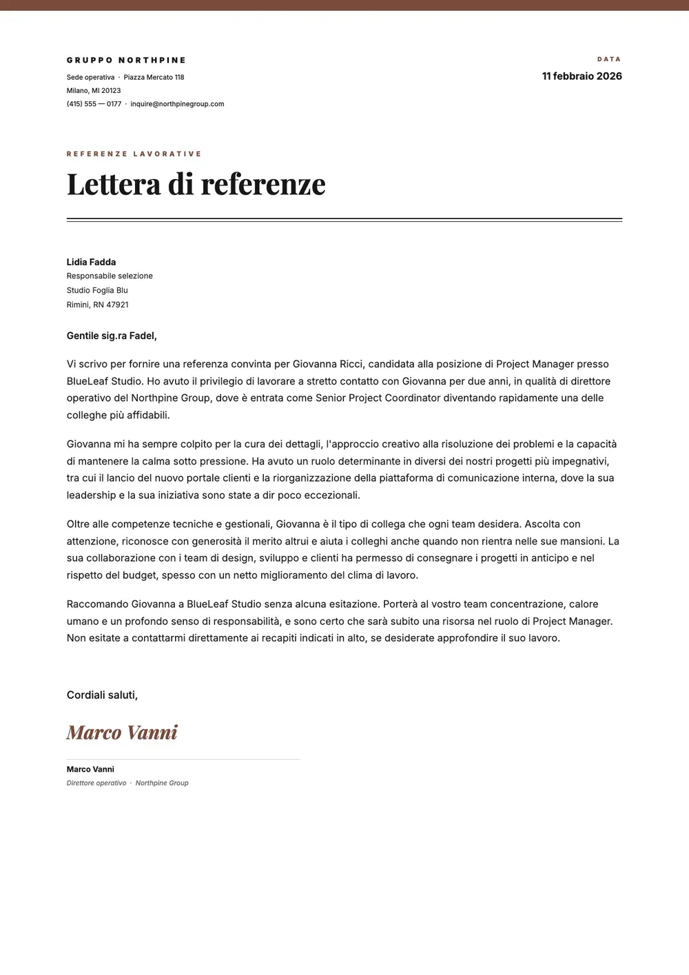 Lettera di raccomandazione per dipendente