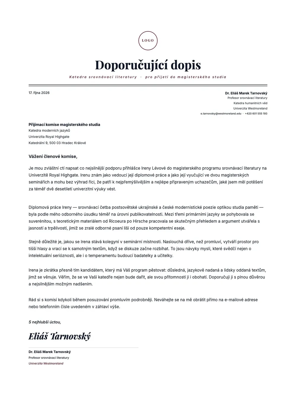 Vzor doporučujícího dopisu pro navazující studium
