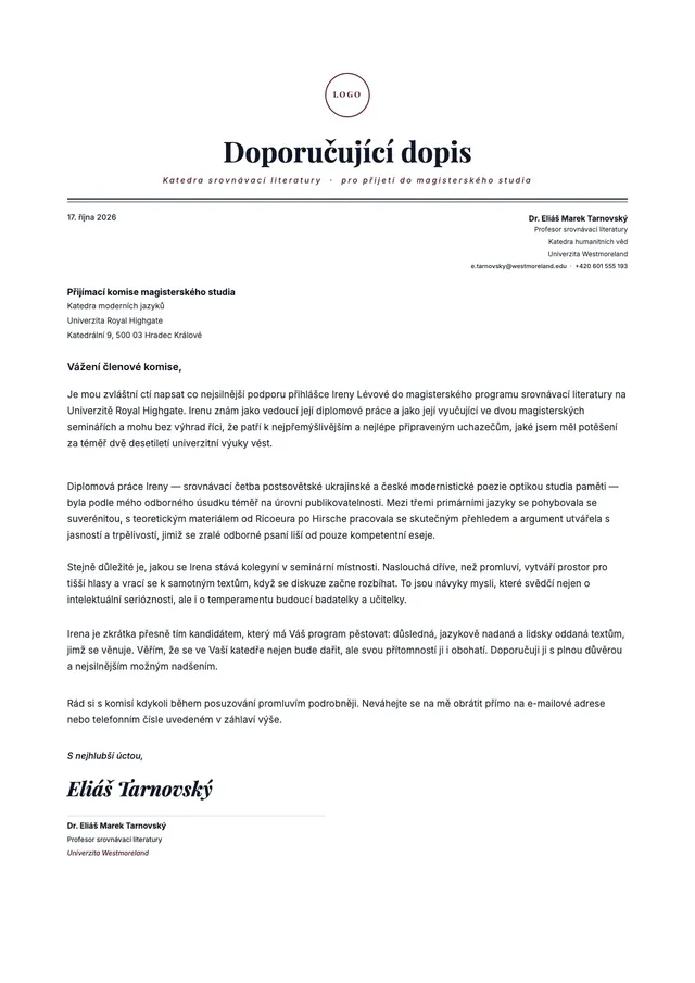 Vzor doporučujícího dopisu pro navazující studium