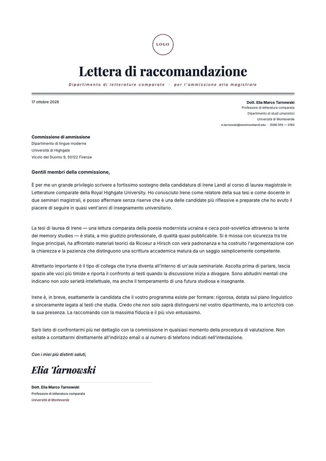 Lettera di raccomandazione per corsi post-laurea