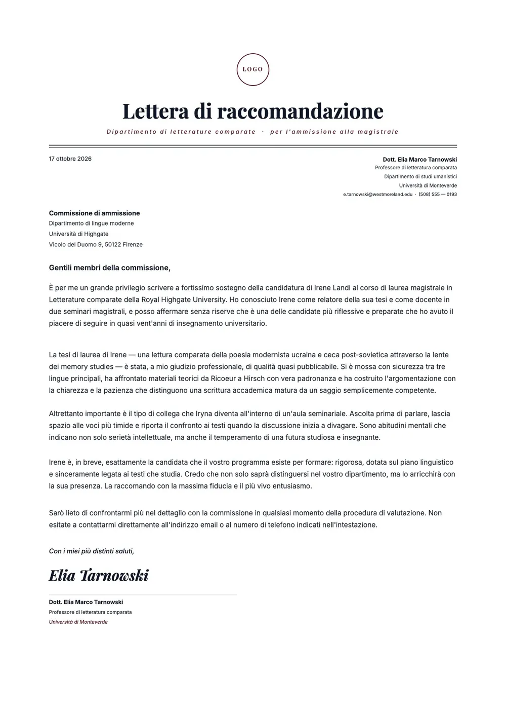 Lettera di raccomandazione per corsi post-laurea