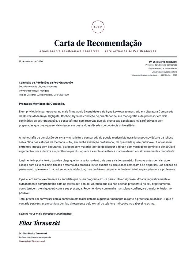 Carta de recomendação para pós-graduação