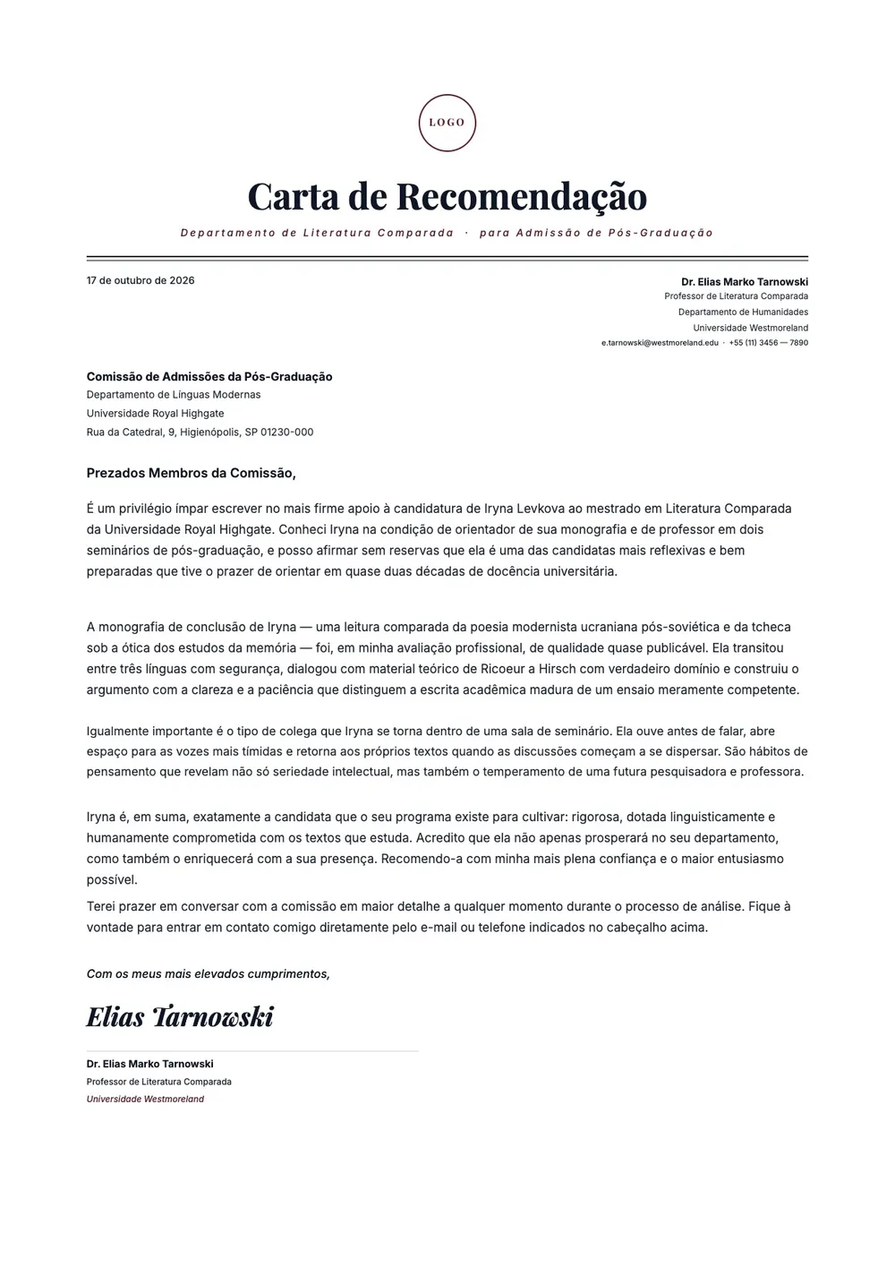 Carta de recomendação para pós-graduação