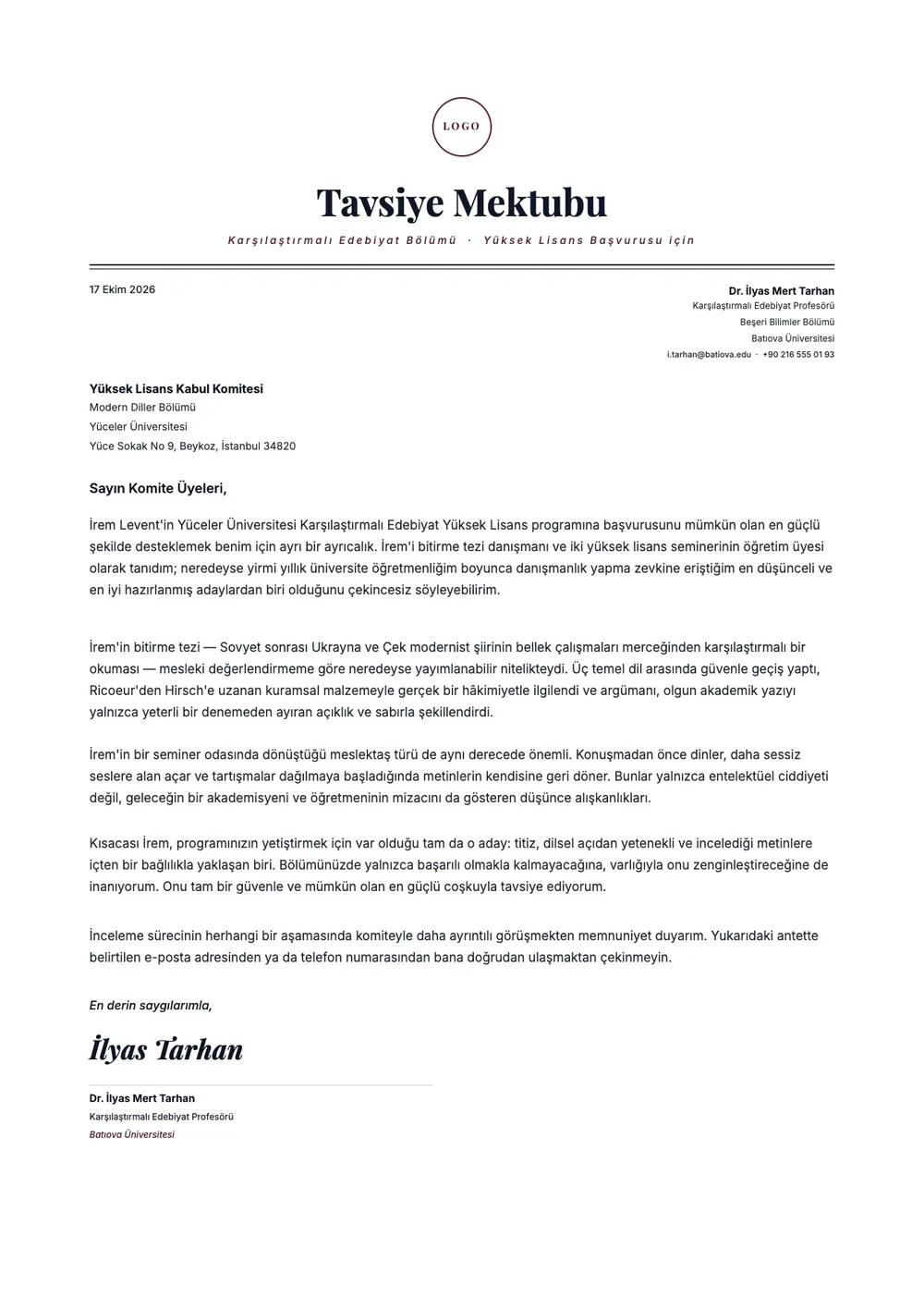 Lisansüstü eğitim için referans mektubu