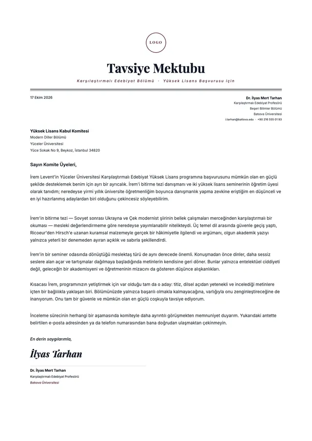 Lisansüstü eğitim için referans mektubu