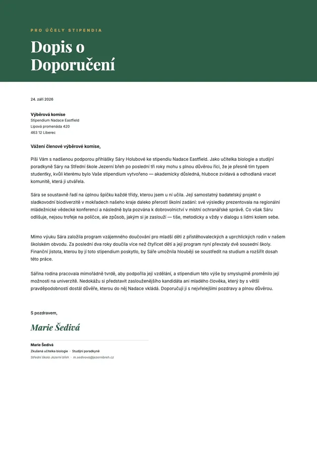 Vzor doporučujícího dopisu pro stipendium