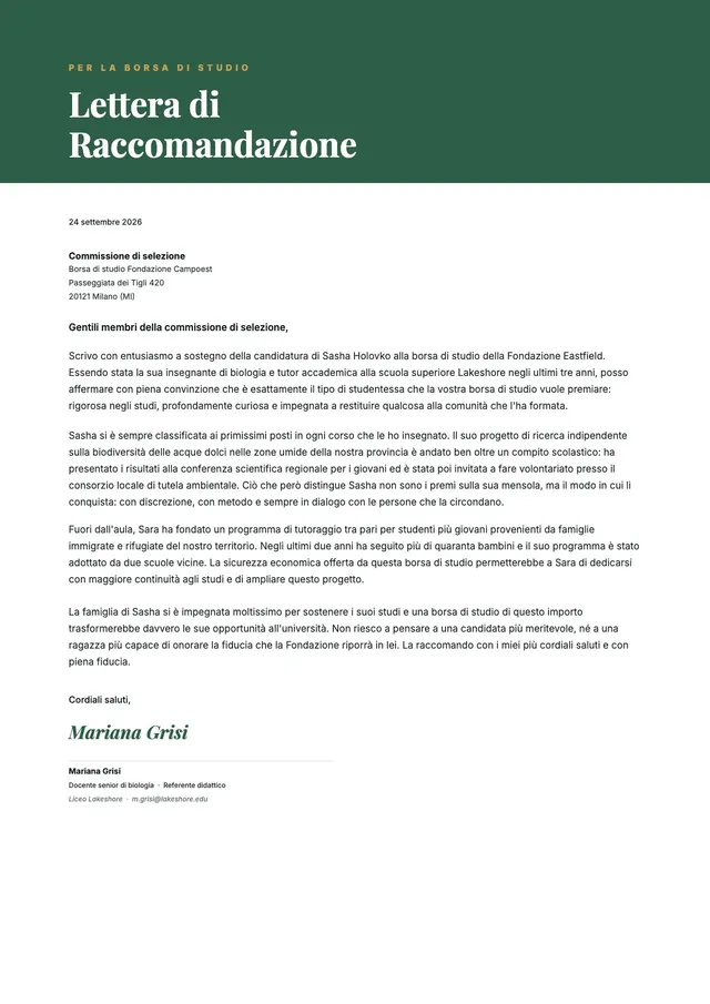 Lettera di raccomandazione per borsa di studio