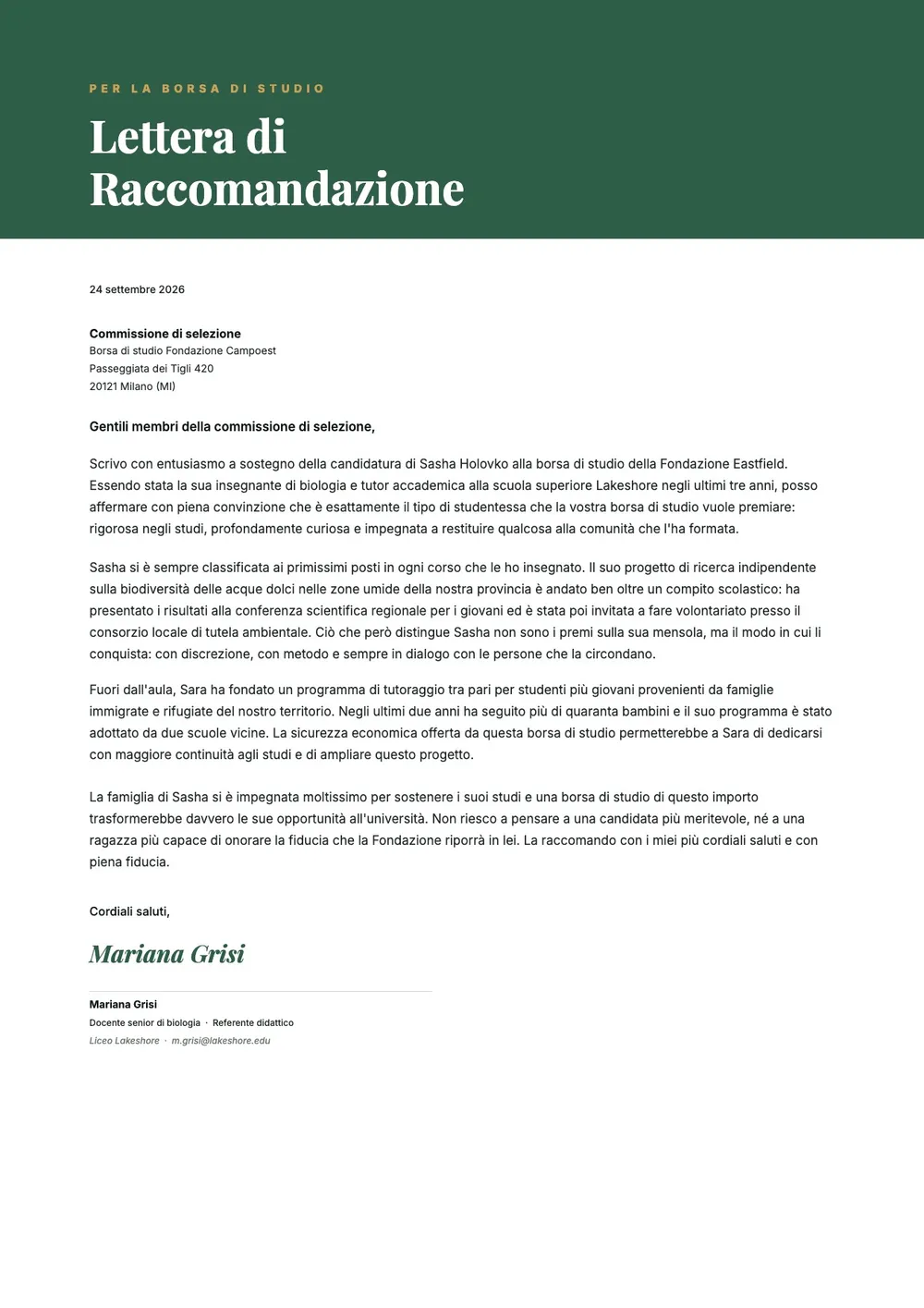 Lettera di raccomandazione per borsa di studio
