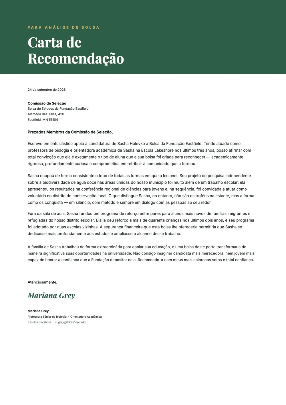 Carta de recomendação para bolsa de estudos