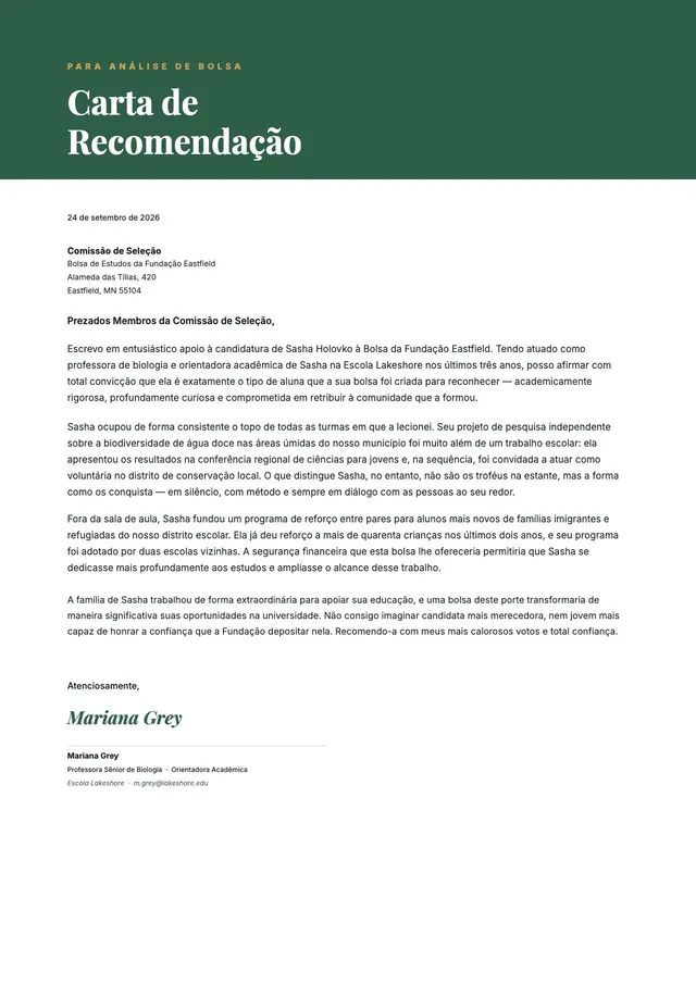Carta de recomendação para bolsa de estudos