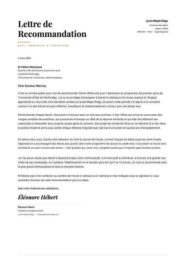 Lettre de recommandation pour un étudiant