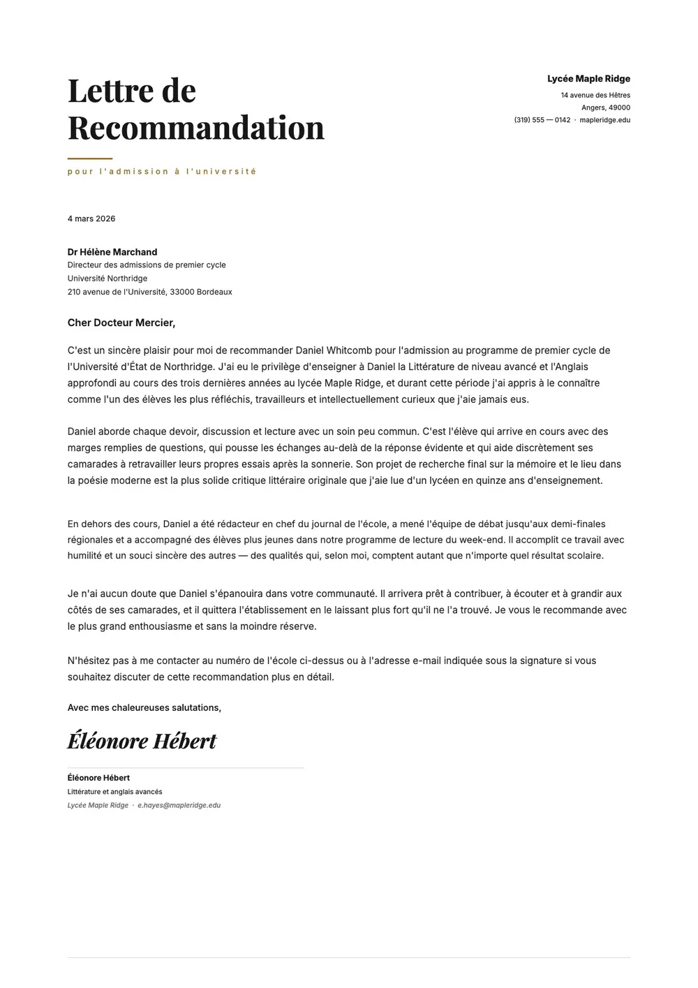 Lettre de recommandation pour un étudiant
