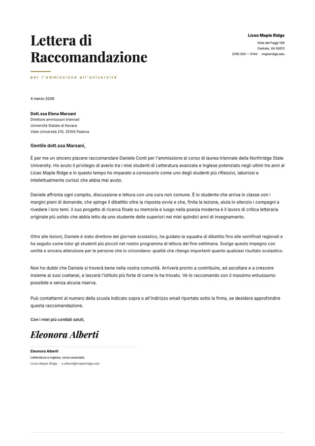 Lettera di raccomandazione per studenti