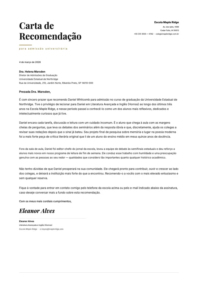 Carta de recomendação para estudante