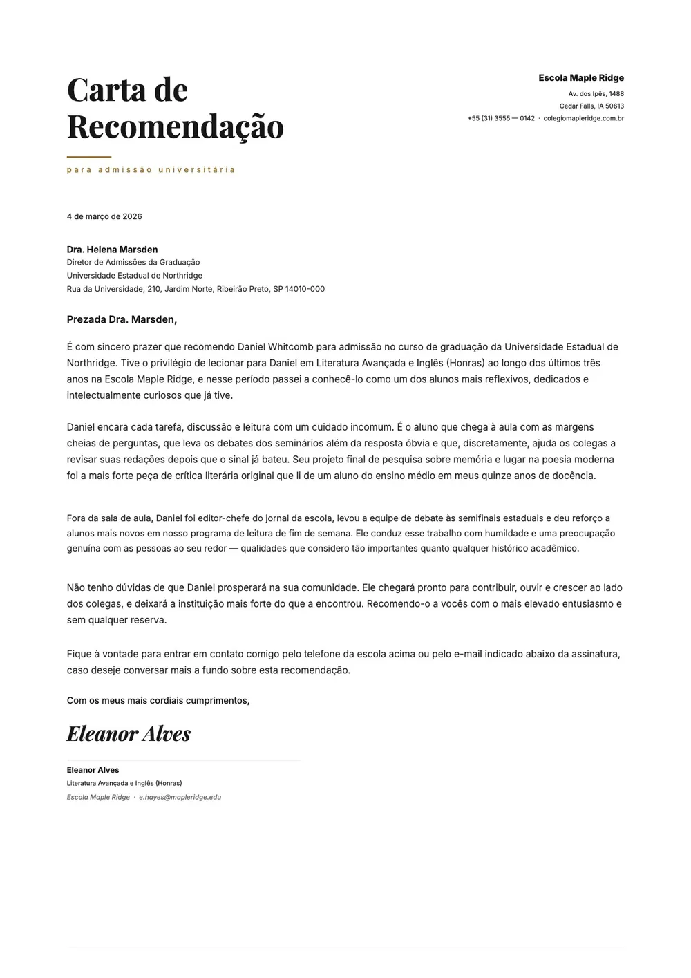 Carta de recomendação para estudante