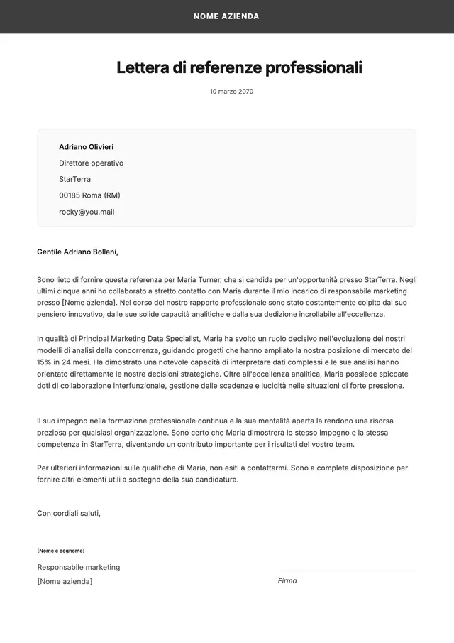 Modello di lettera di referenze