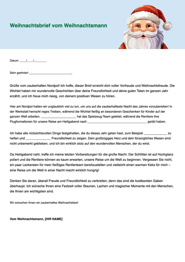 Vorlage für Briefe an den Weihnachtsmann