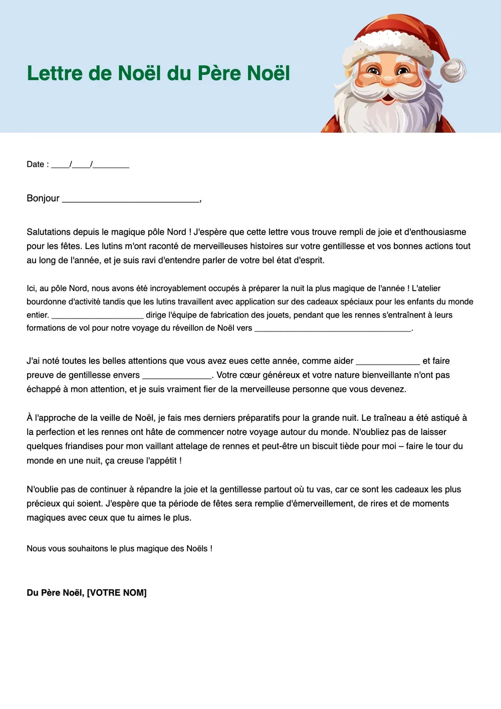 Modèle de lettre au Père Noël