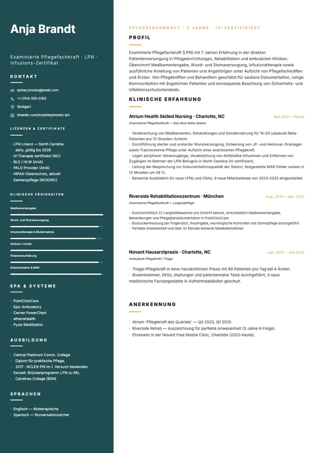 Lebenslauf für Pflegefachhelfer (LPN)