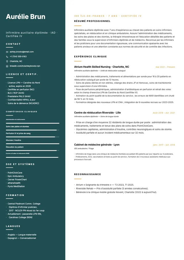 CV d'infirmier auxiliaire LPN