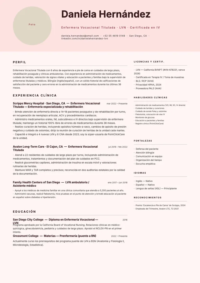 Currículum de enfermería LVN