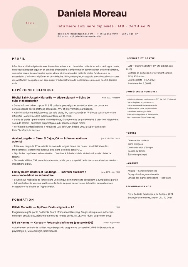 CV d'infirmier auxiliaire LVN