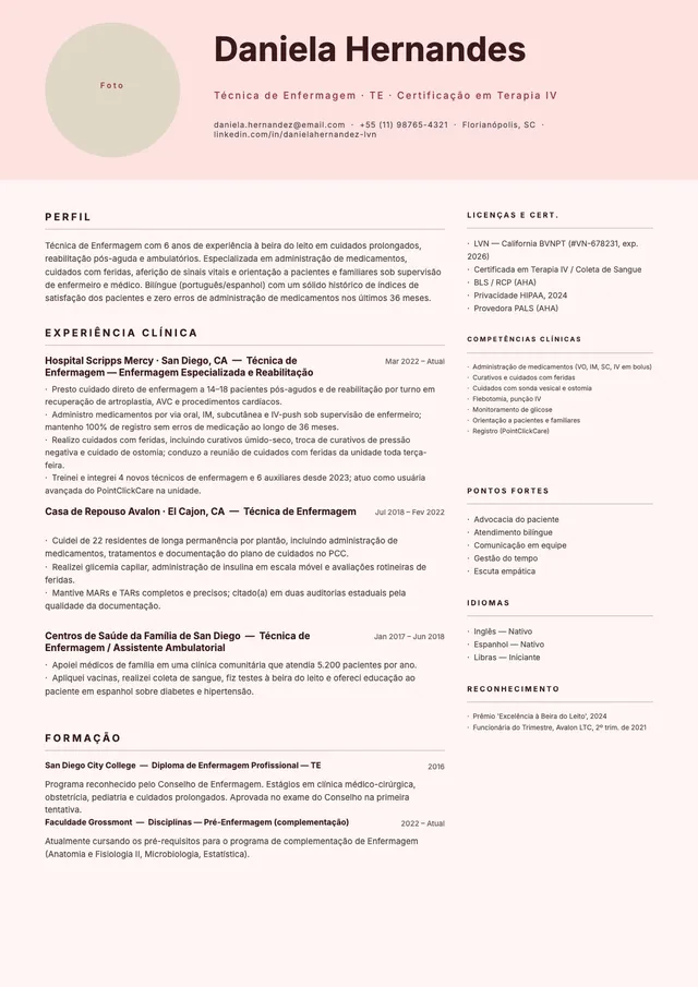 Modelo de currículo para enfermeiro LVN