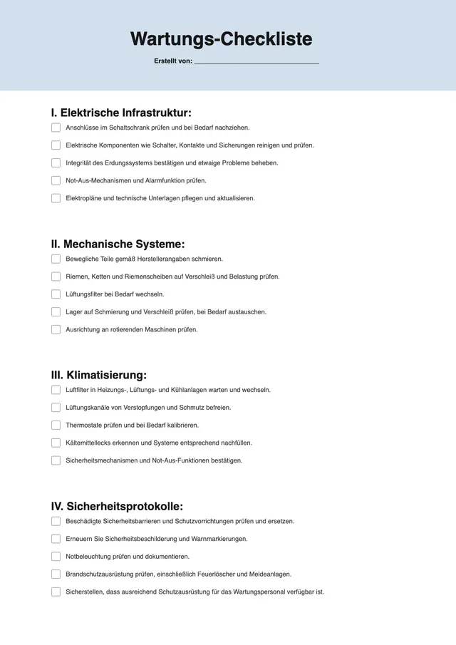 Vorlage für Wartungscheckliste