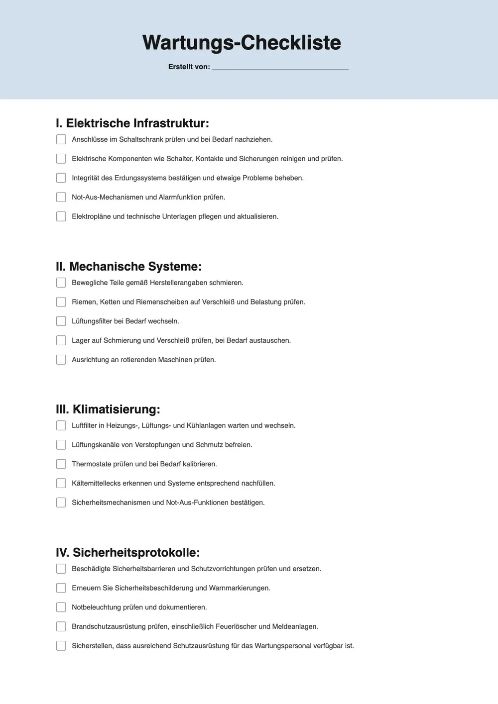 Vorlage für Wartungscheckliste