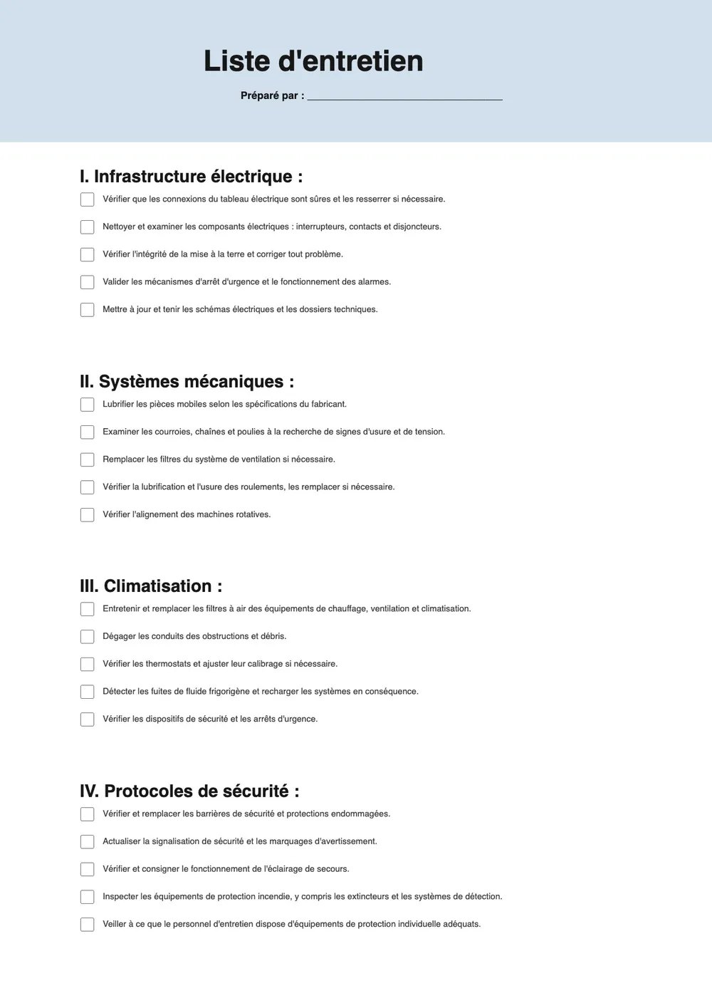 Modèle de check-list de maintenance