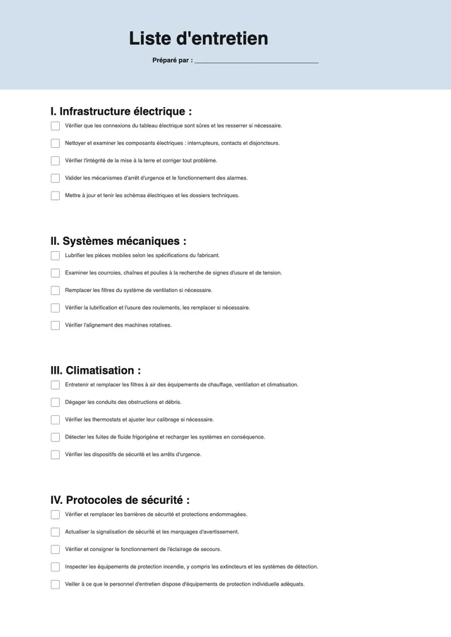 Modèle de check-list de maintenance