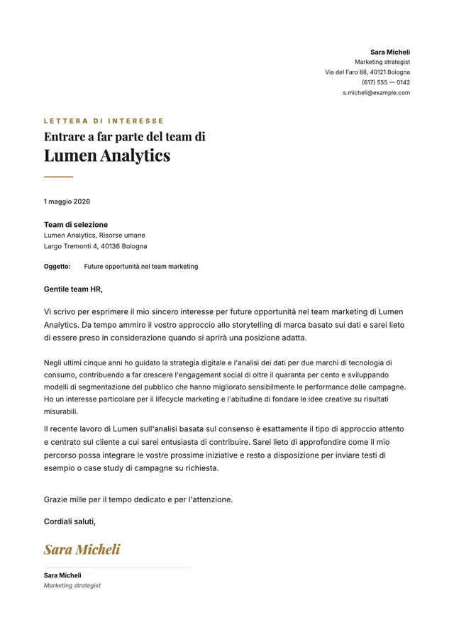 Lettera di interesse per il marketing