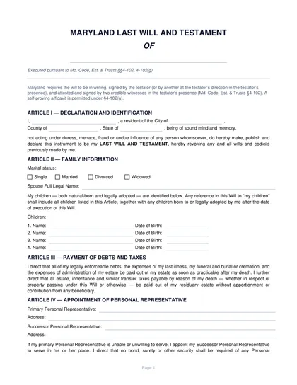 maryland last will and testament form