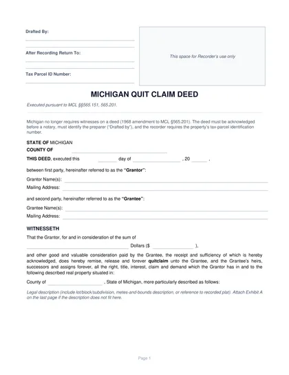 michigan quit claim deed form