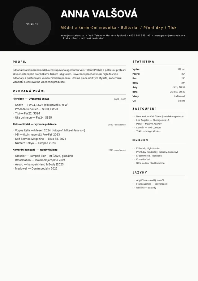 Vzor životopisu modelky či modela