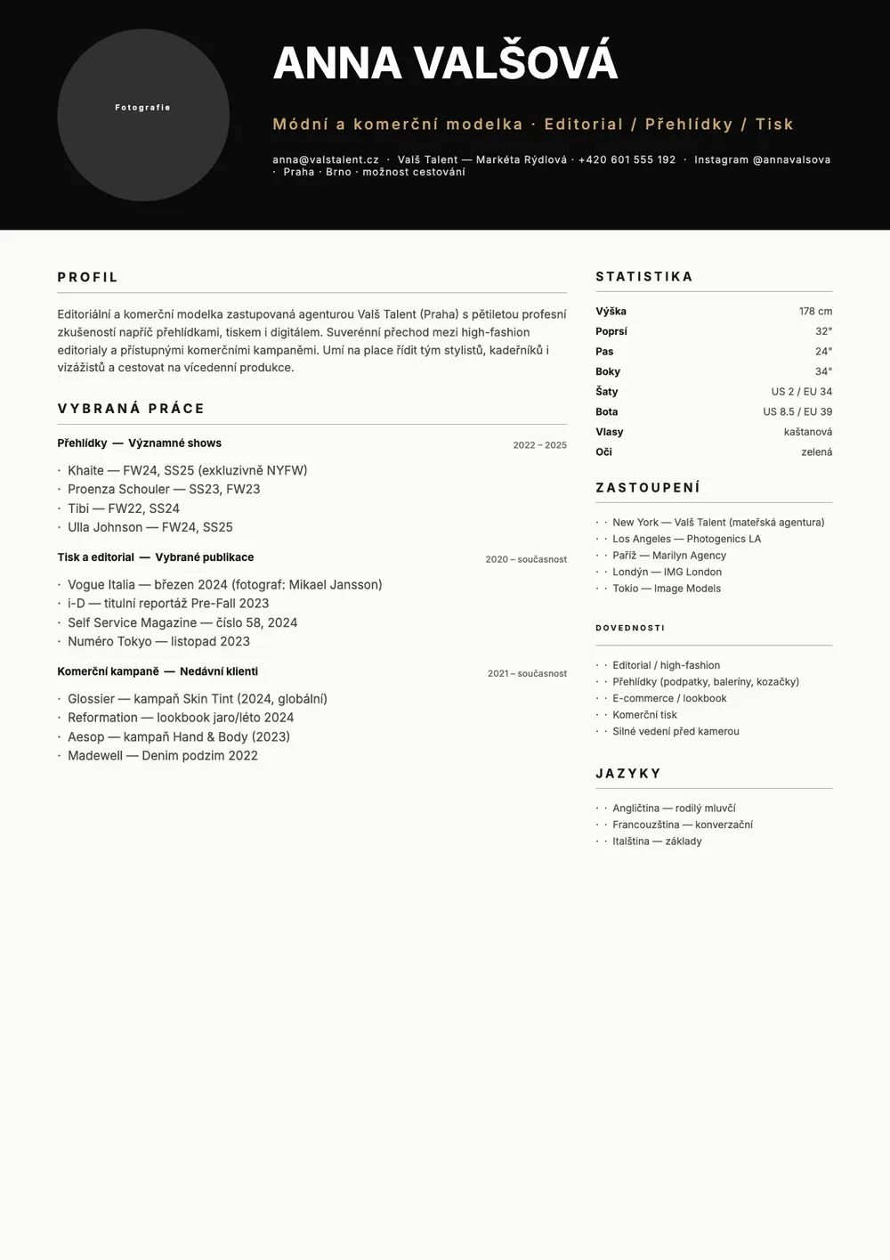 Vzor životopisu modelky či modela