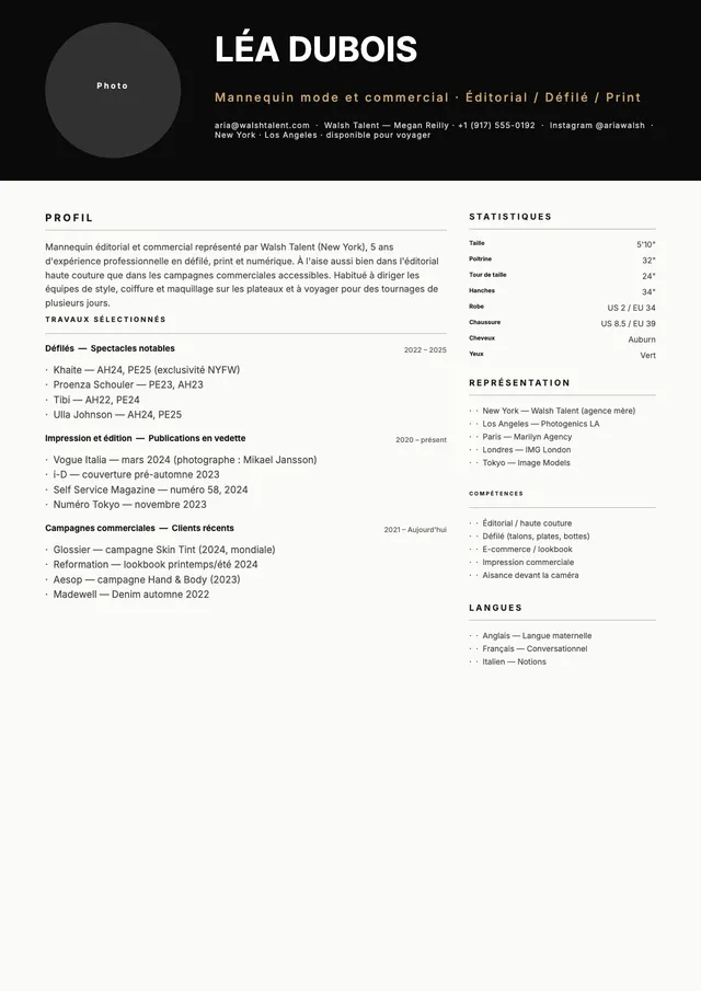 Modèle de CV de mannequin