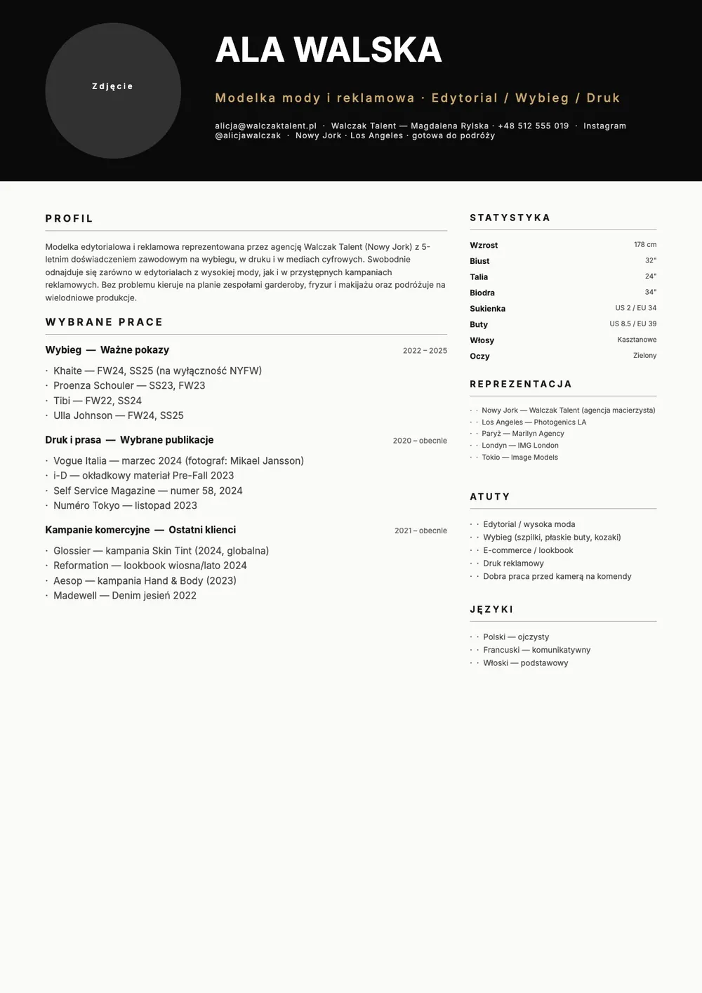 Szablon CV modela lub modelki