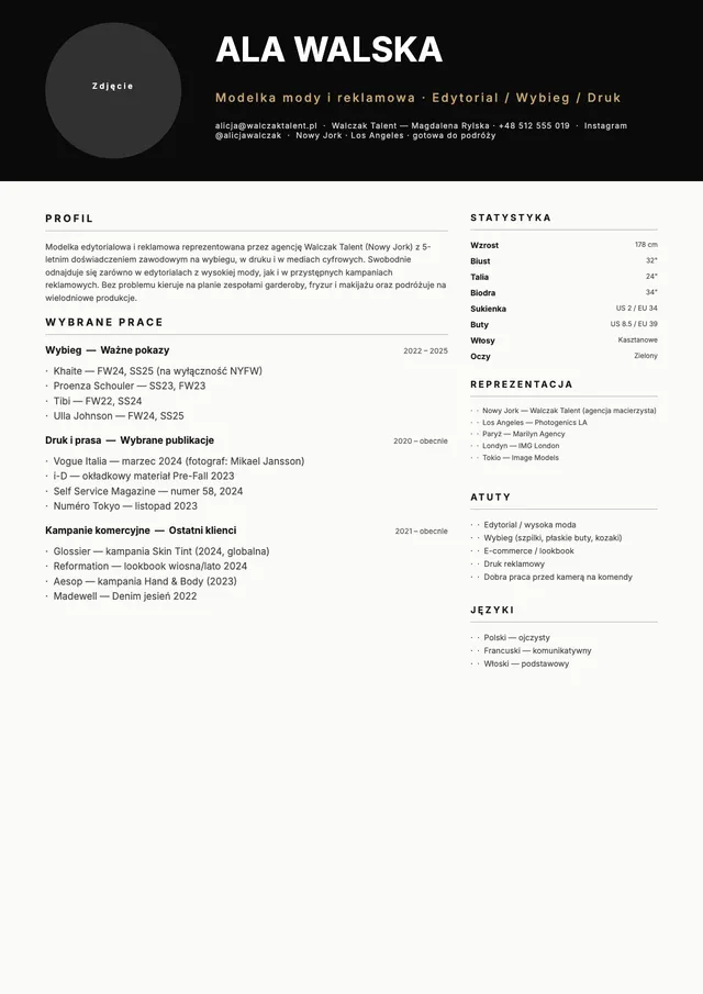Szablon CV modela lub modelki