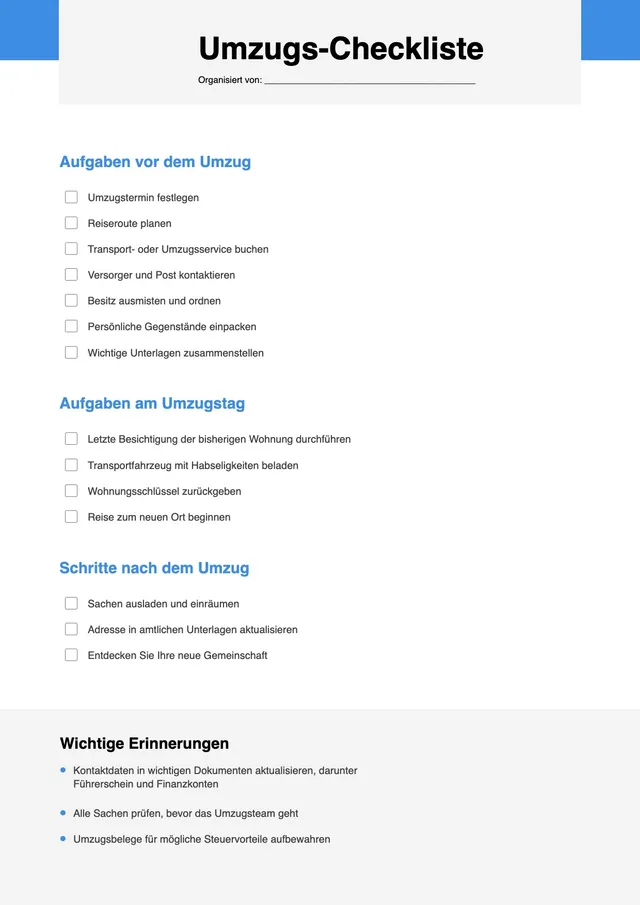 Vorlage für Umzugscheckliste