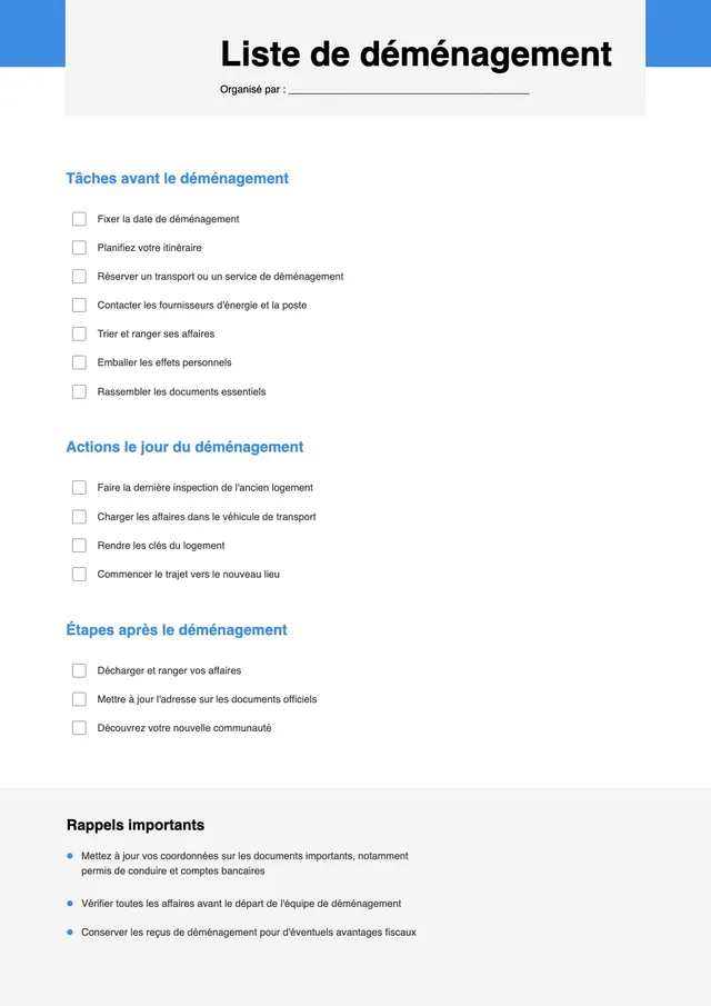 Modèle de check-list de déménagement