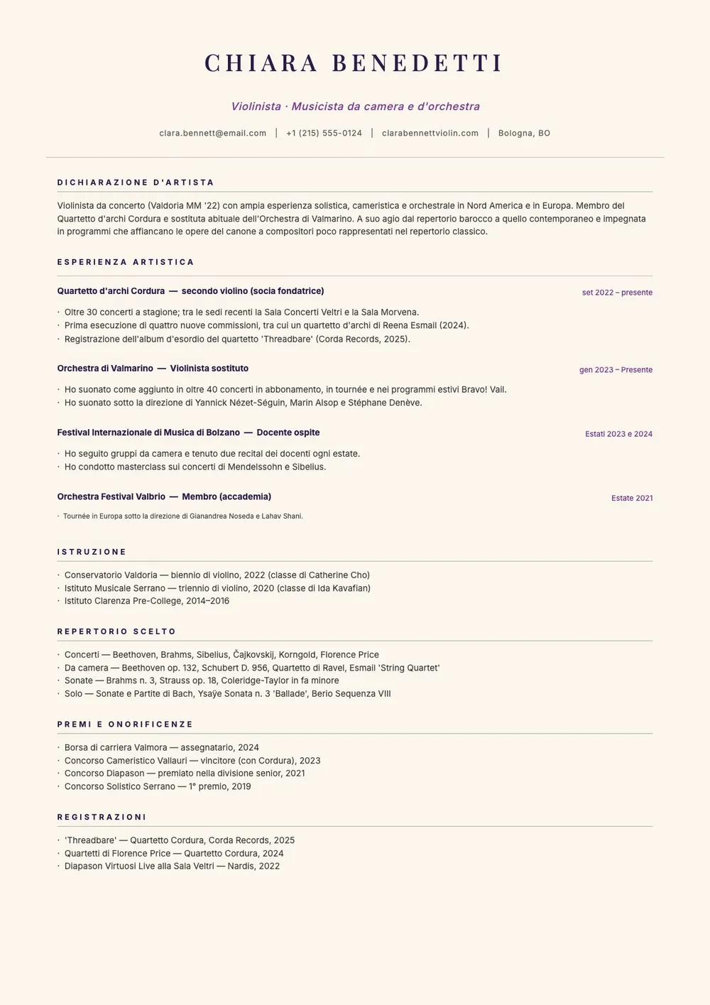 Modello di curriculum per musicisti