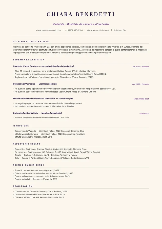 Modello di curriculum per musicisti