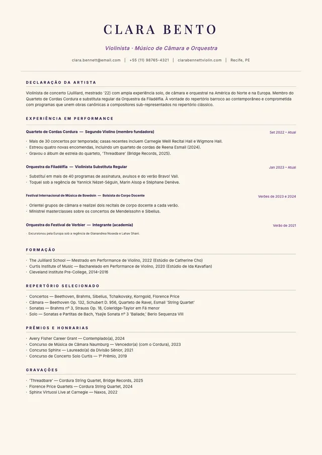 Modelo de currículo para músico