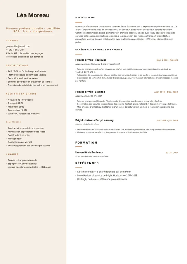 Modèle de CV de garde d'enfants