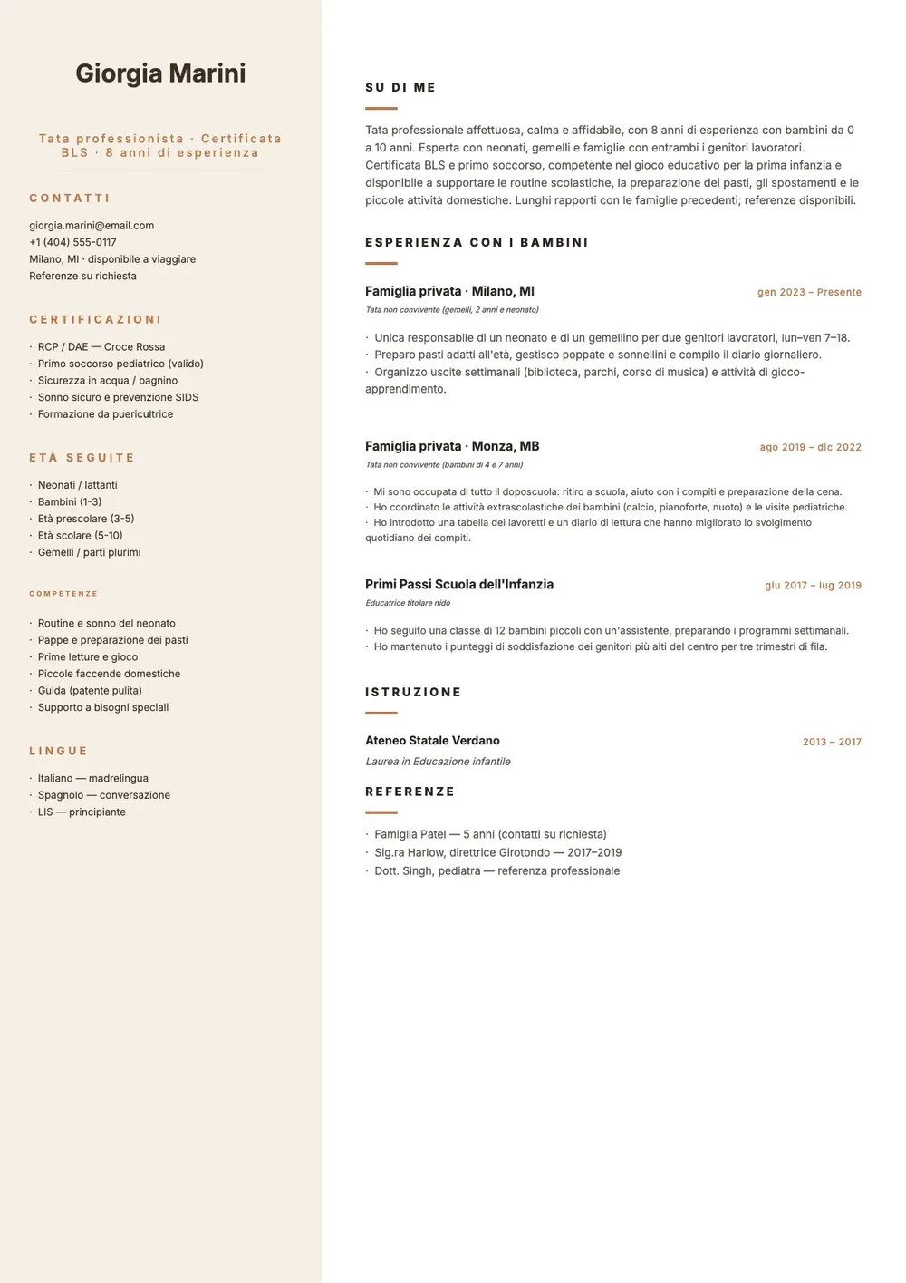 Modello di curriculum per babysitter