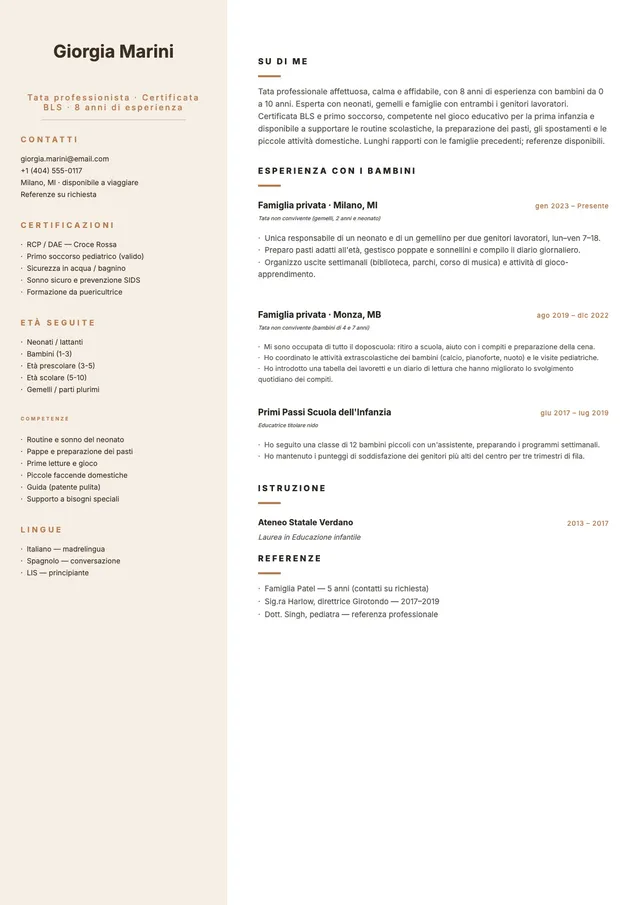 Modello di curriculum per babysitter