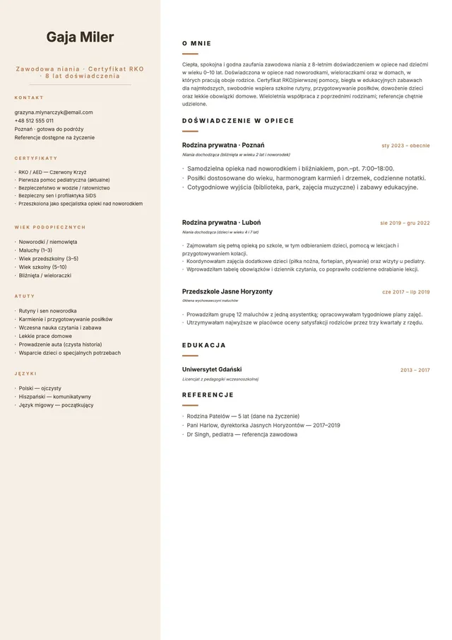 Szablon CV opiekunki do dzieci