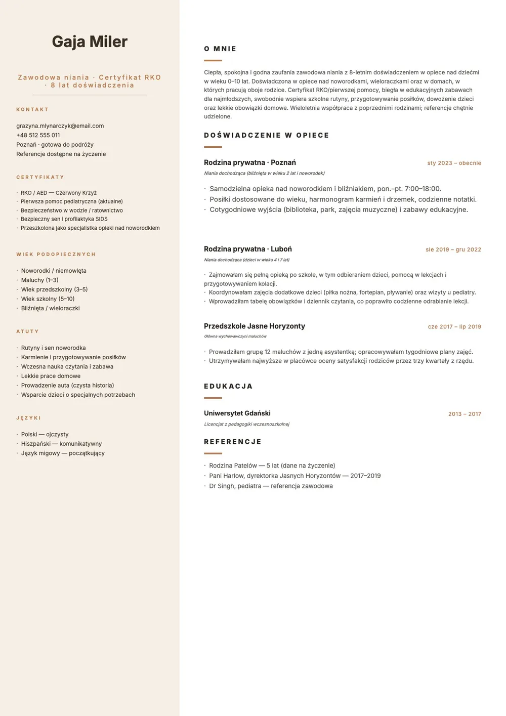 Szablon CV opiekunki do dzieci