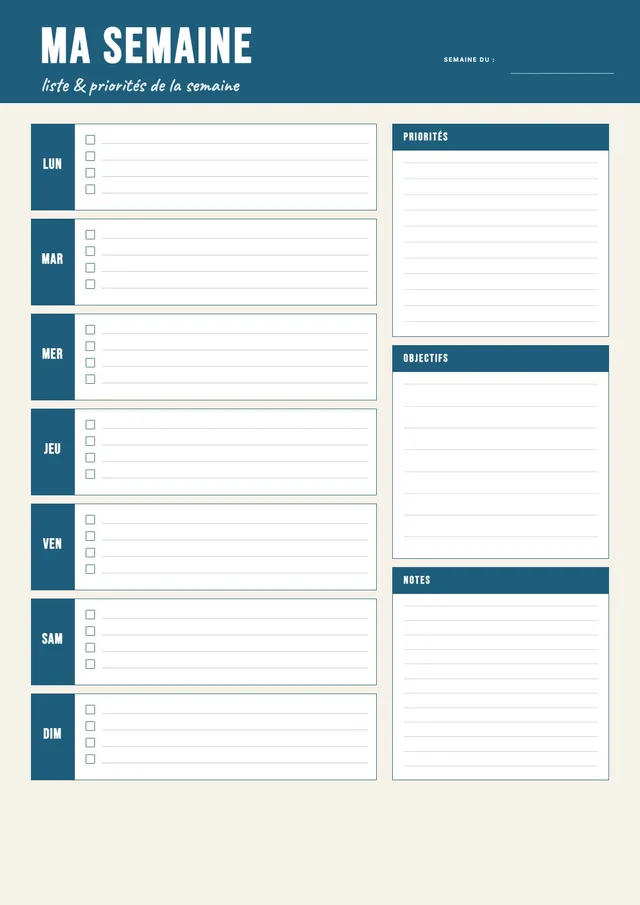 Calendrier hebdomadaire bleu marine
